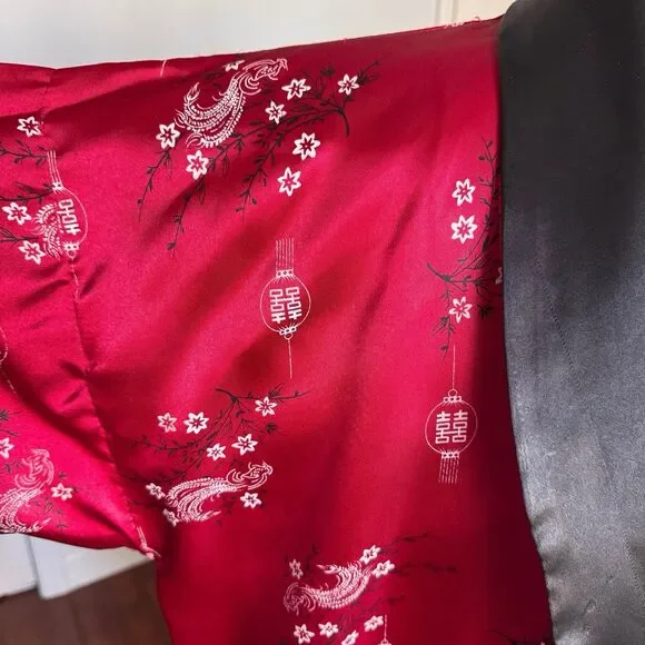 VTG Embroidered Dragon Reversible Satin Kimono Robe Asian Print Smoking Jacket S - Picture 6 of 16